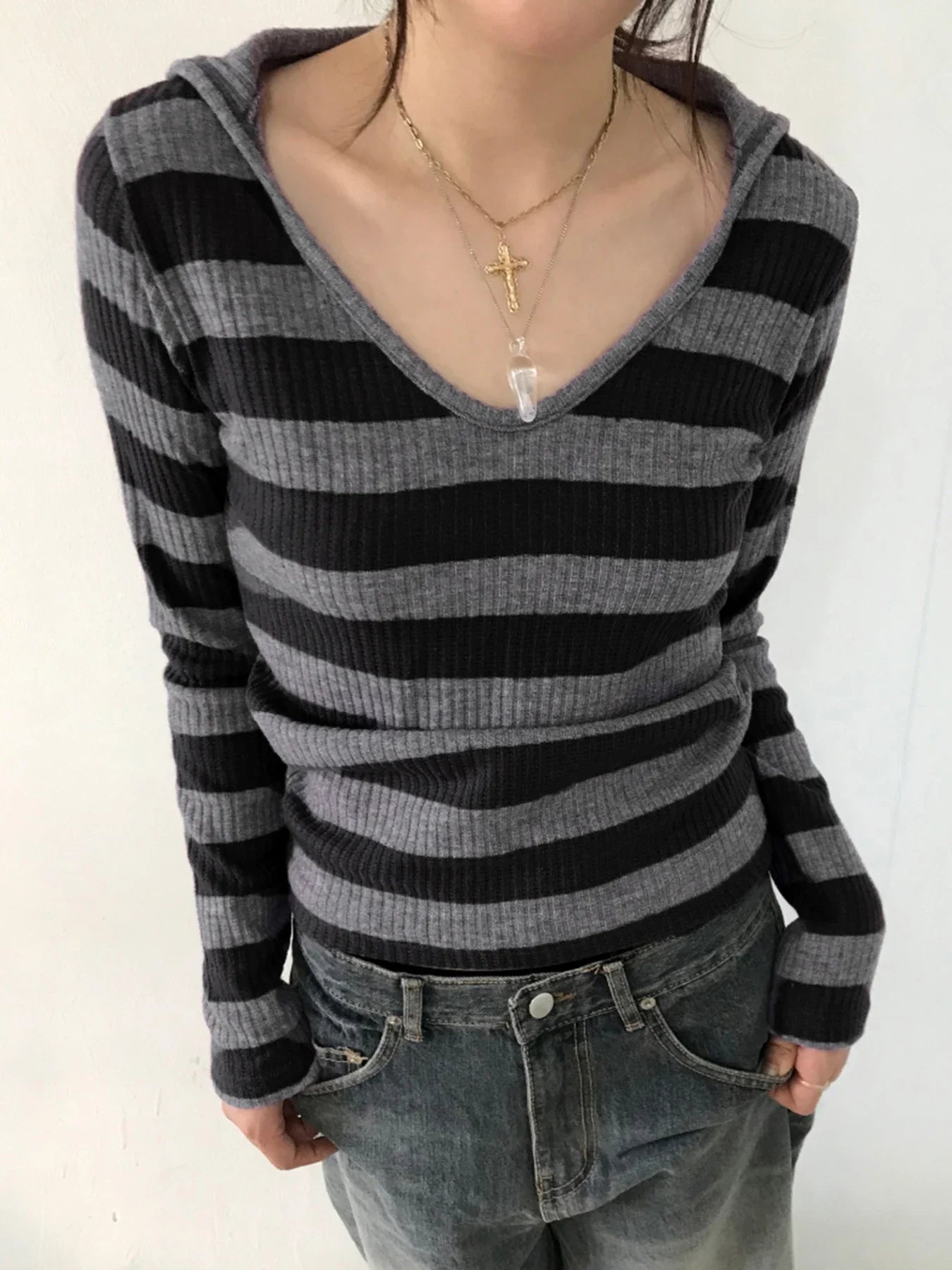 Striped Hooded Basic Slim V-Neck Long Sleeve Knitted Top - Fashionpara