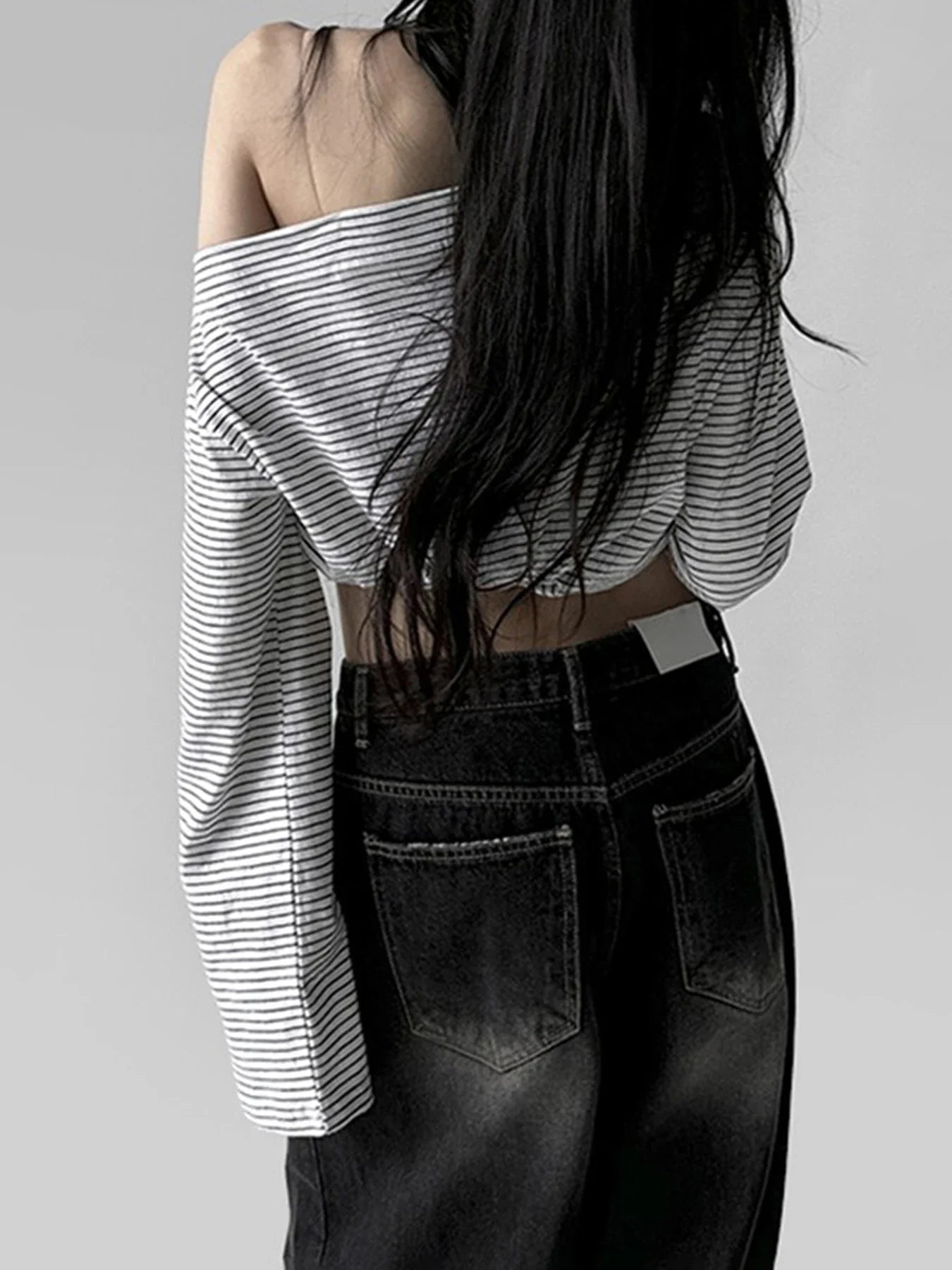 Striped Off-Shoulder Loose Slash Neck Long Sleeve Knit Top - Fashionpara