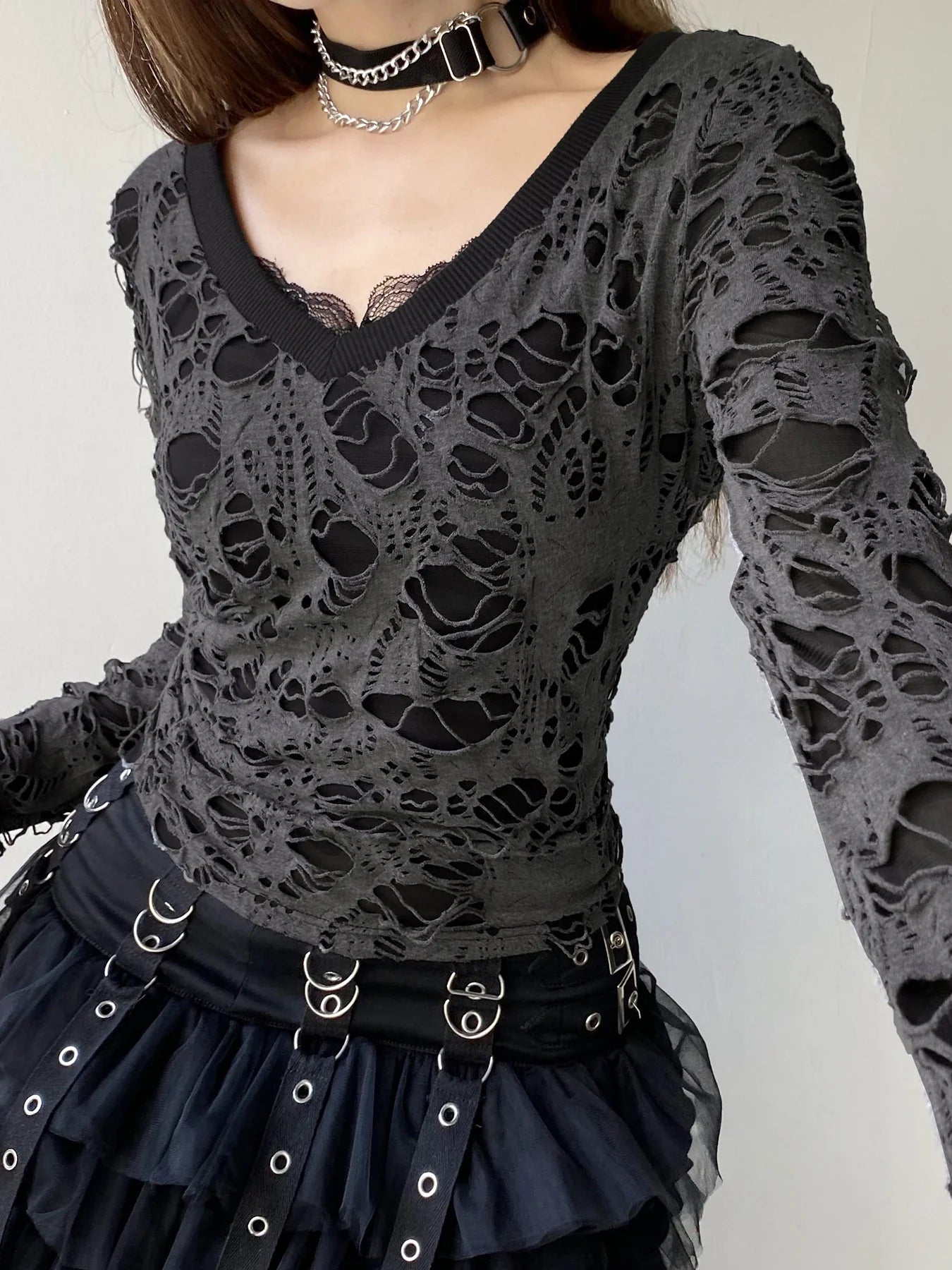 Dark Hollow Out Fake 2 Piece Gothic V-Neck Knit Top - Fashionpara
