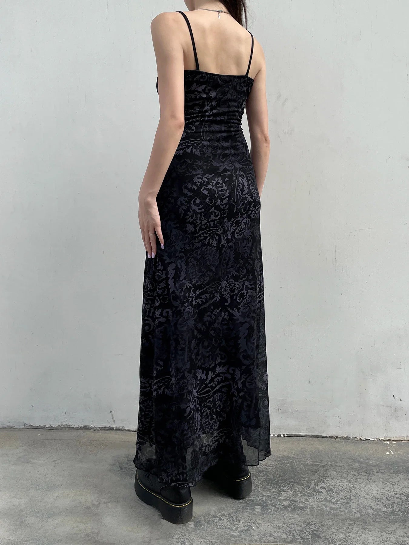 Printed Decorative Trim Mesh Full-Length Dress