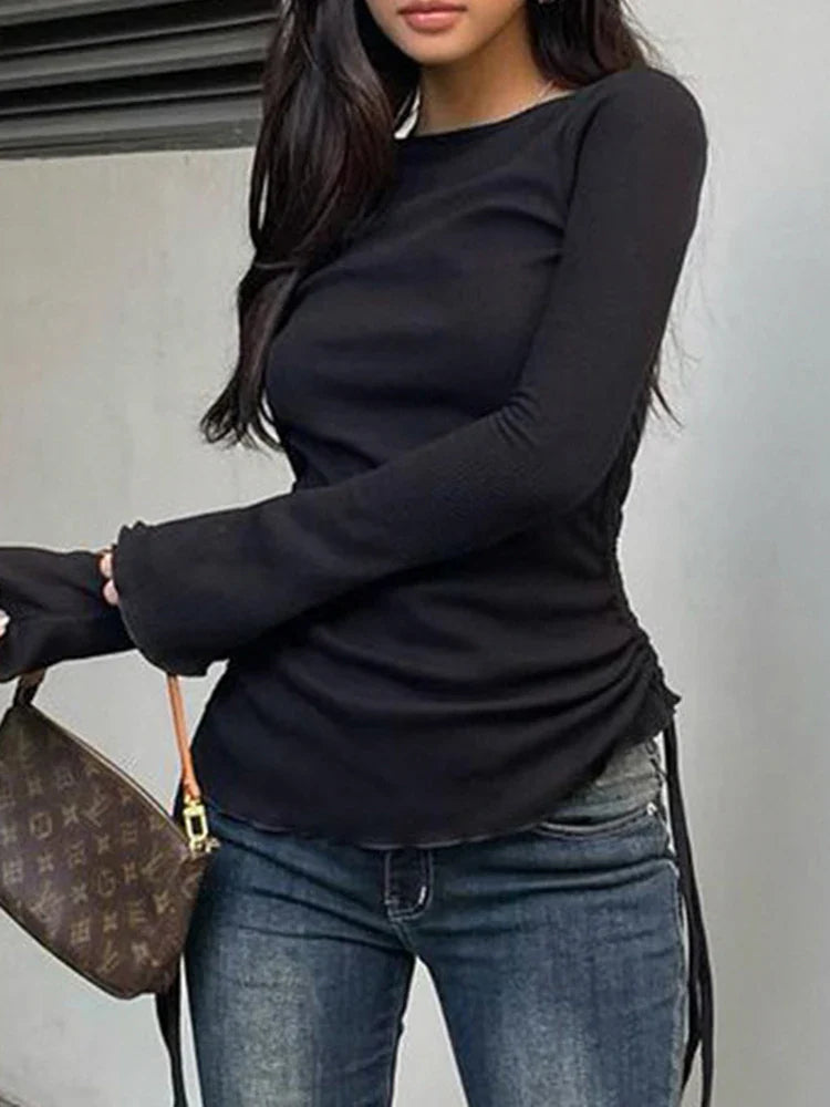 Drawstring Folds Solid Slim O-Neck Long Sleeve Knit Top - Fashionpara