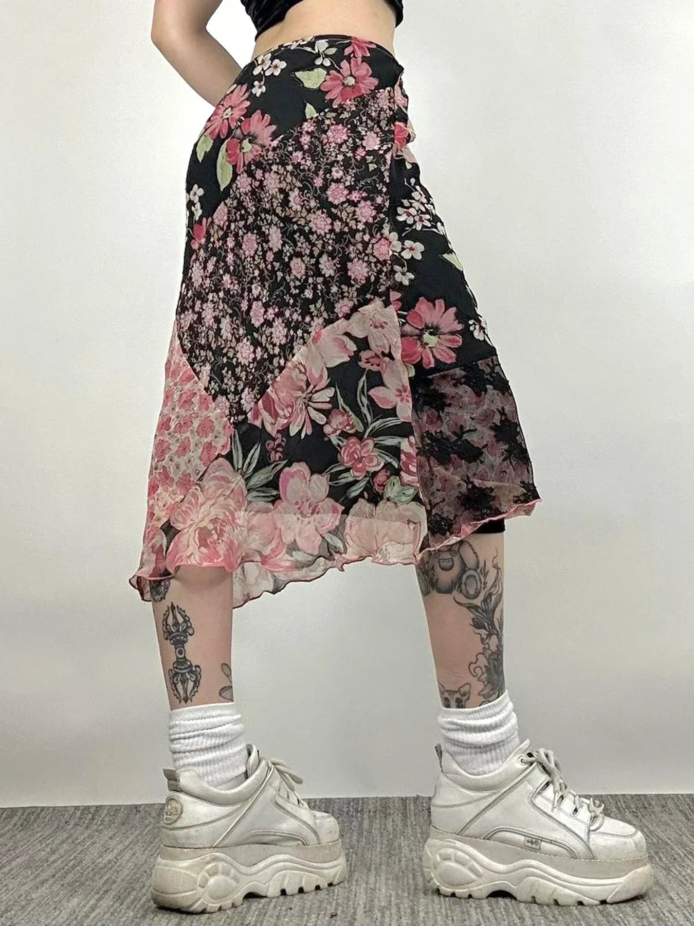 Casual Patchwork Floral Straight Slim Mid-Waisted Maxi Skirt Streetwear