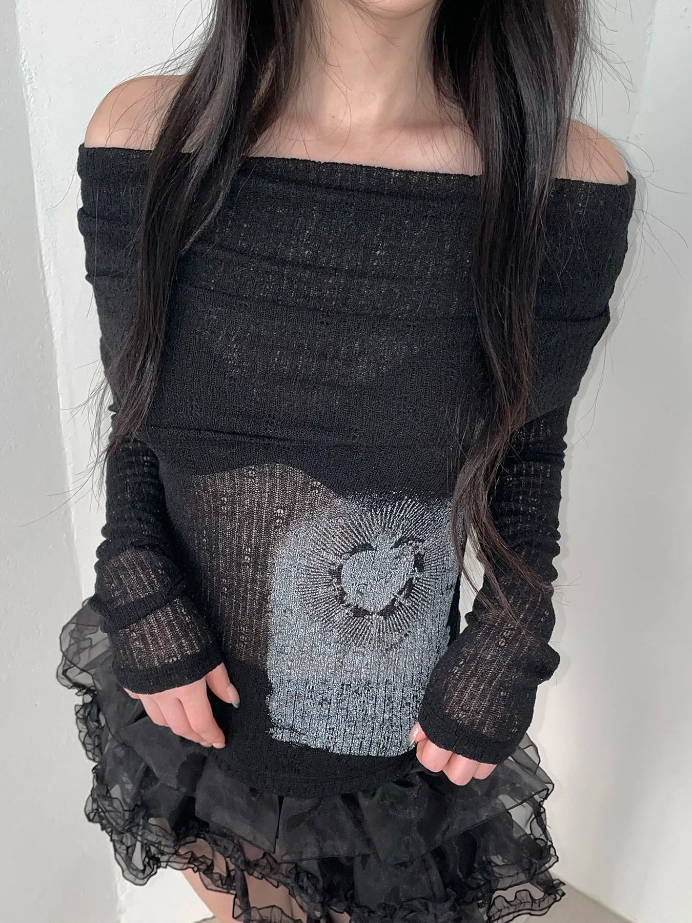 See-Through Printed Slash Neck Long Sleeve Knit Top