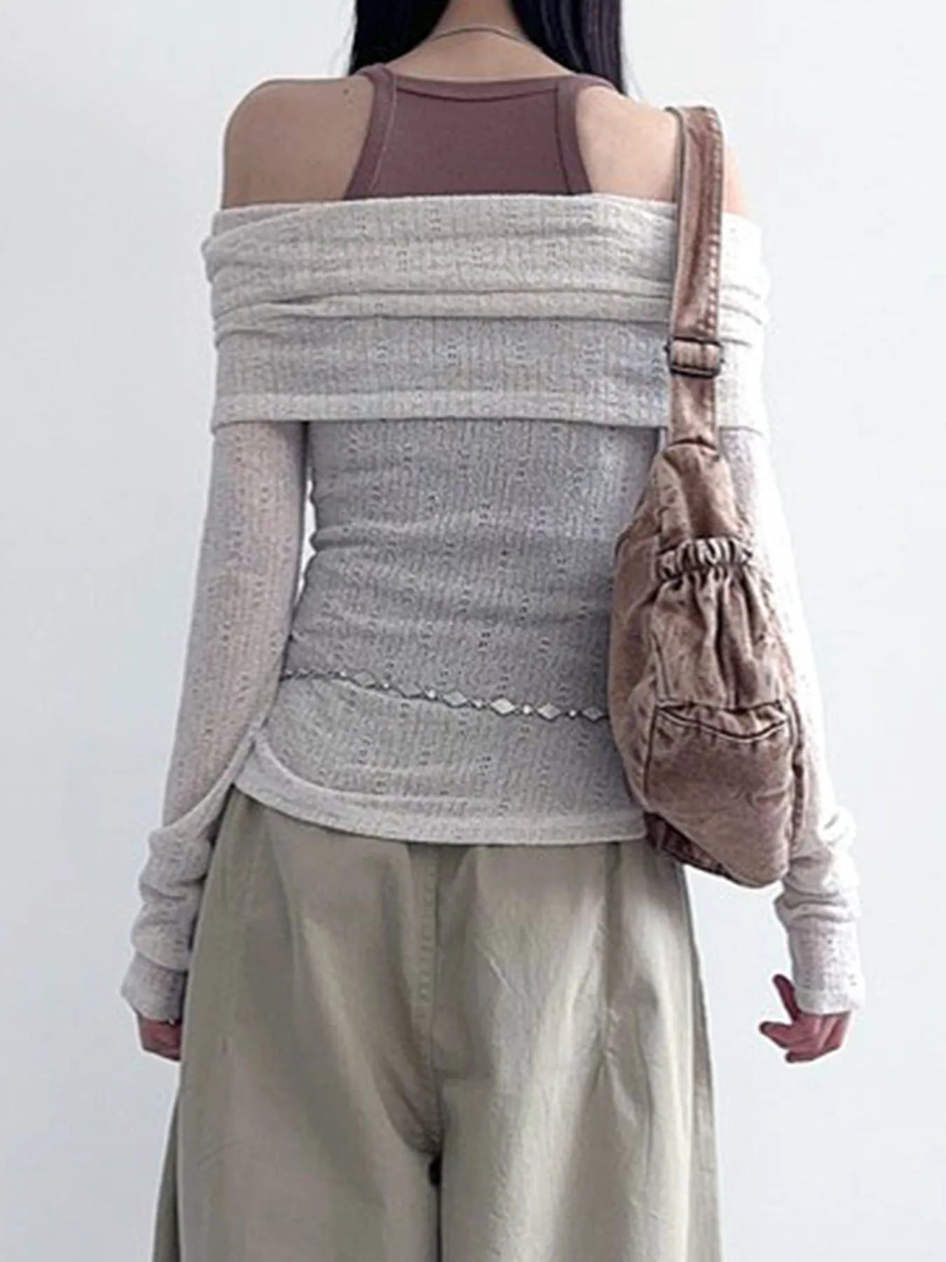 See-Through Printed Slash Neck Long Sleeve Knit Top