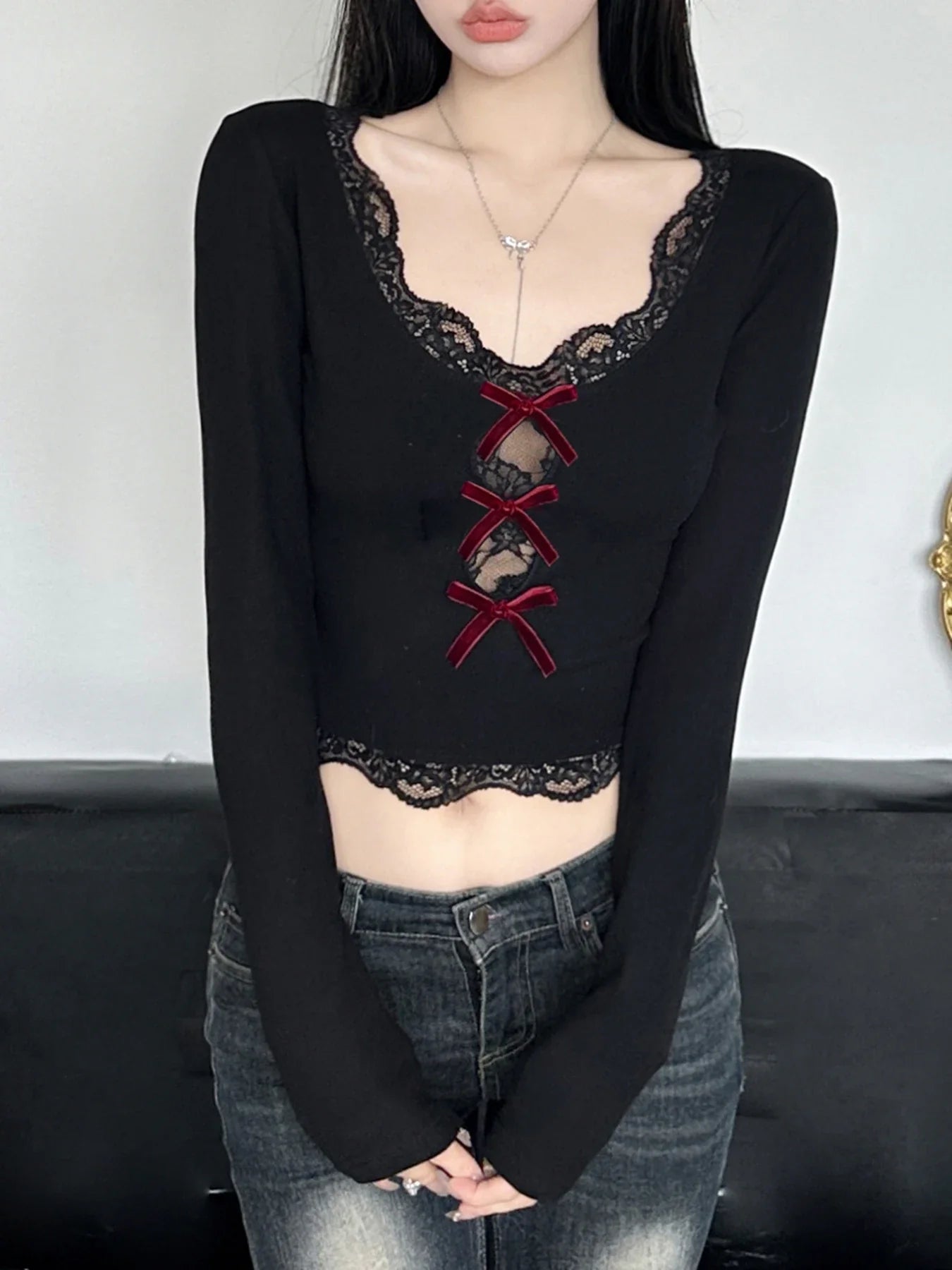 Bow Lace Trim Hollow Out Slim V-Neck Cropped Long Sleeve Knit Top - Fashionpara