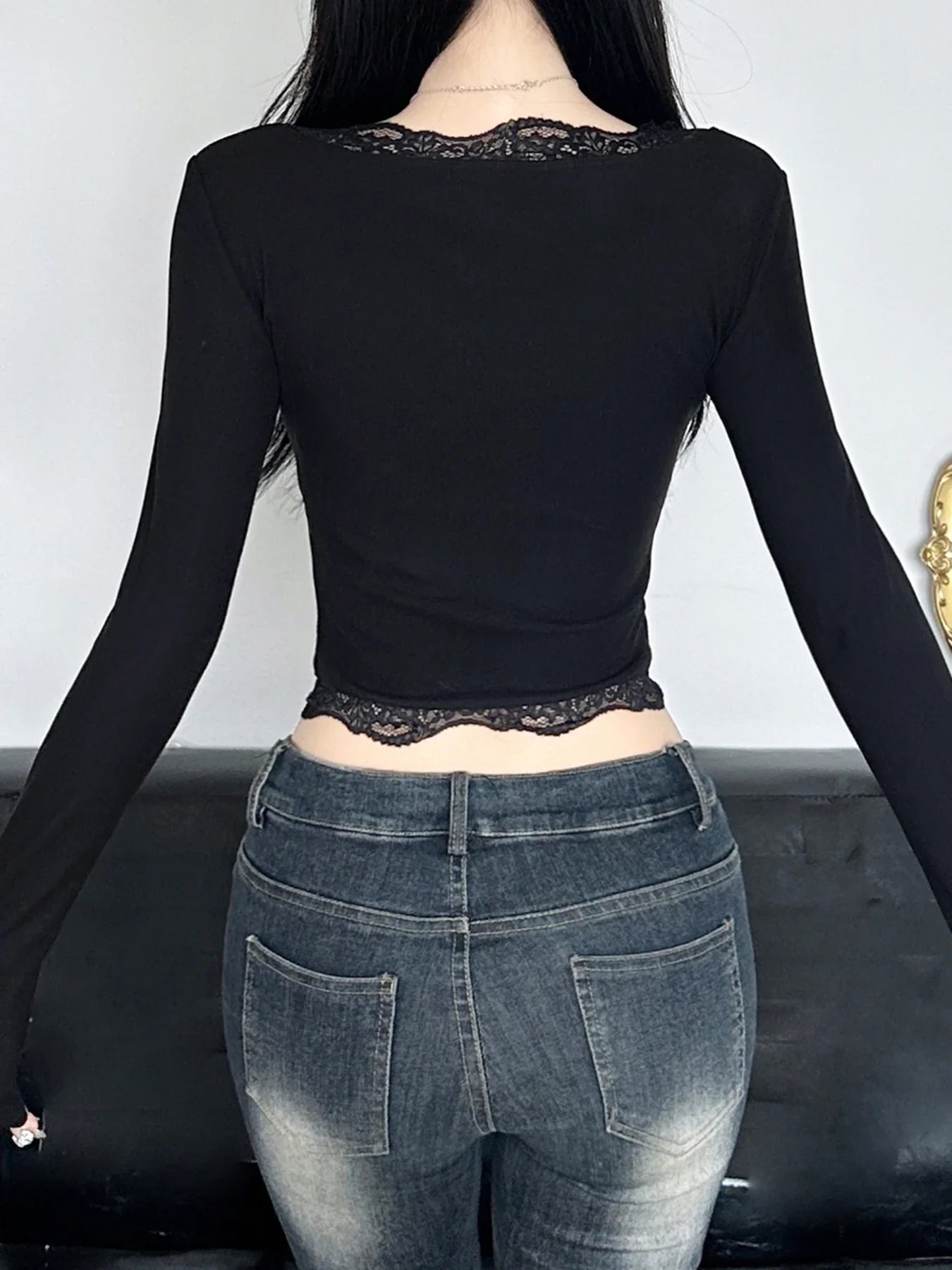 Bow Lace Trim Hollow Out Slim V-Neck Cropped Long Sleeve Knit Top - Fashionpara