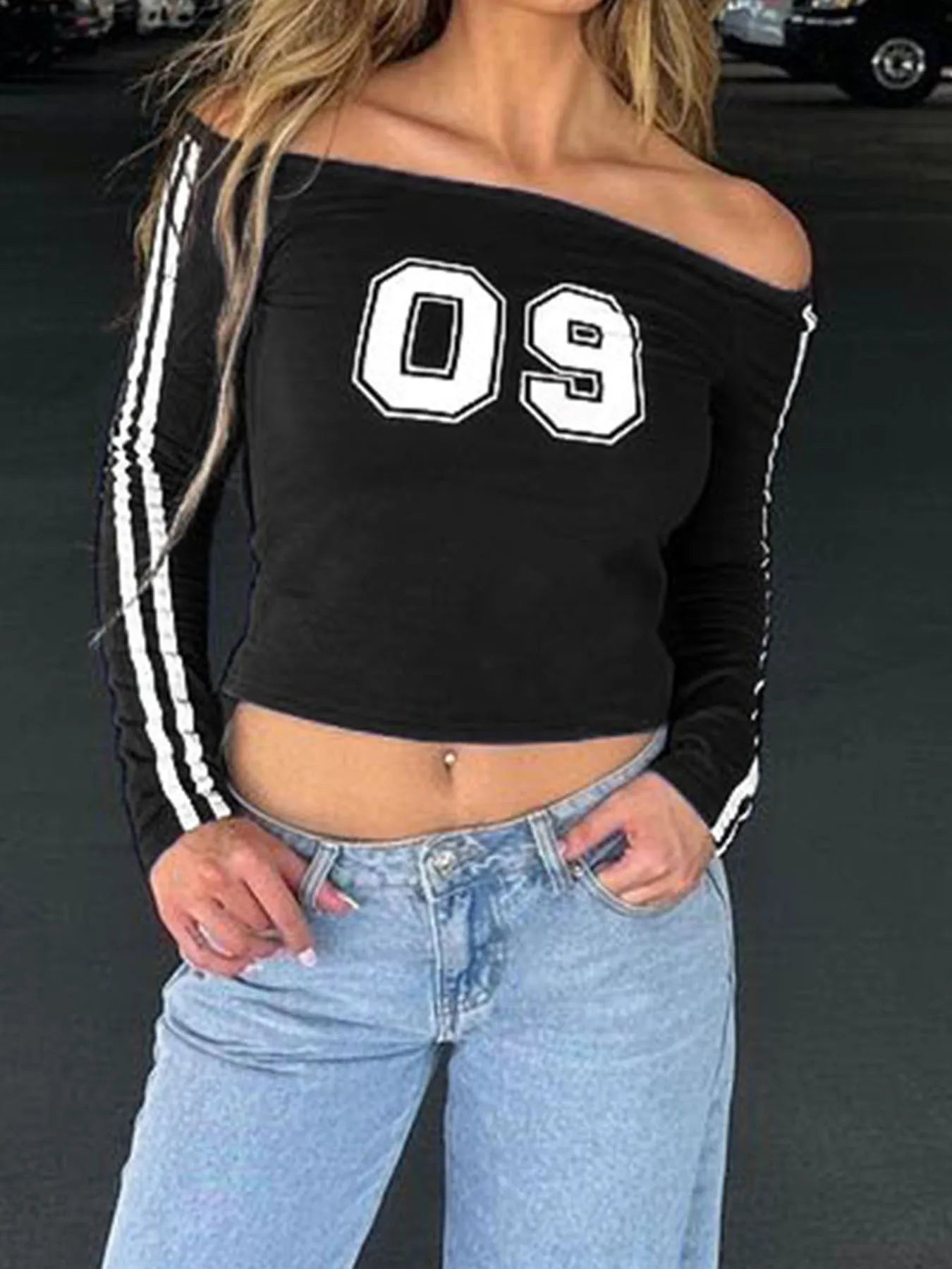 Sporty Chic Number Printed Football Jersey Slim Slash Neck Knit Top