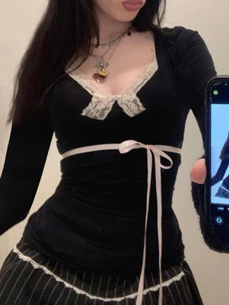Sweet Bandage Slim Deep V-Neck Lace Trim Knit Top - Fashionpara