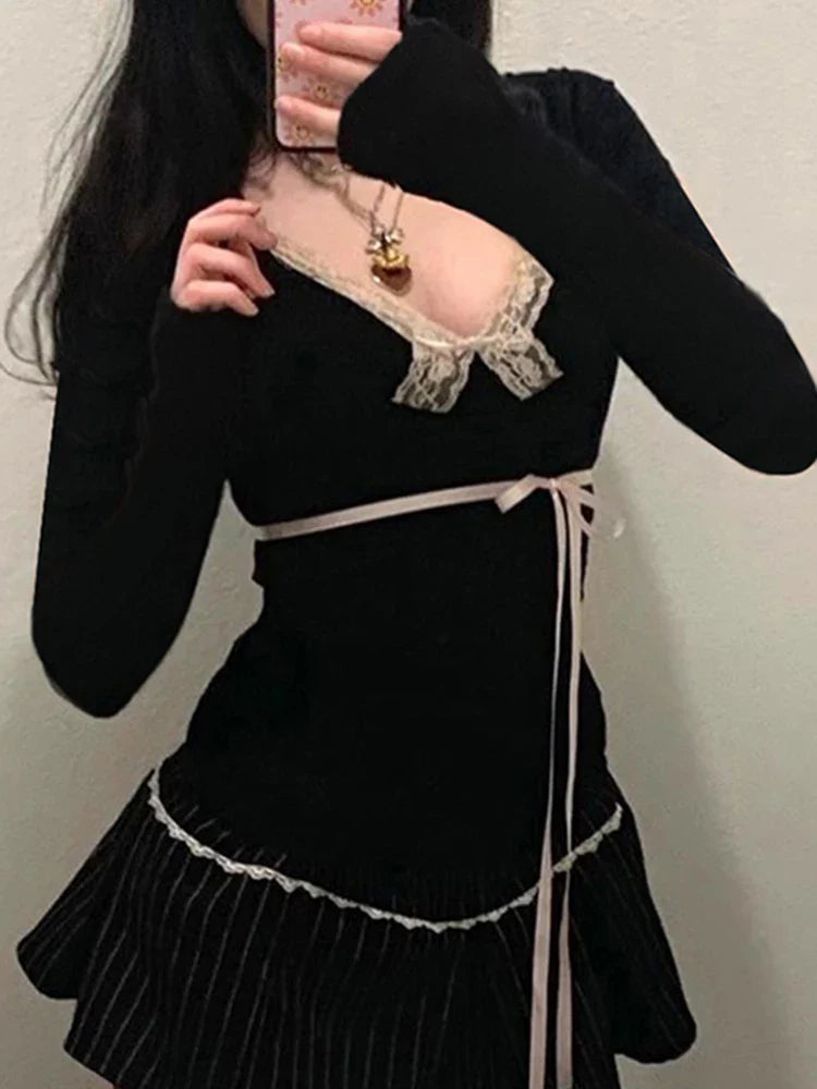 Sweet Bandage Slim Deep V-Neck Lace Trim Knit Top - Fashionpara