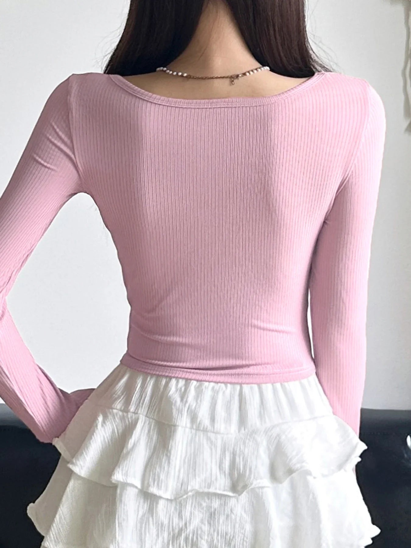 Sweet Patchwork Bandage Slim Square Collar Knit Top - Fashionpara