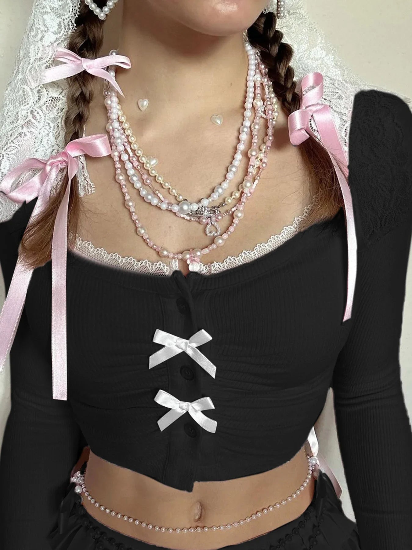 Sweet Slim Bow Lace Trim Cropped Square Collar Knit Top - Fashionpara