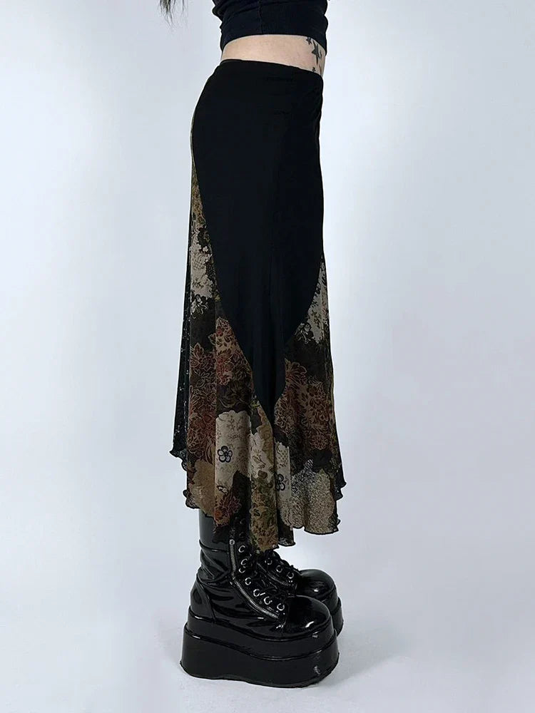 Vintage Patchwork Floral Mesh Skirt Holiday Casual