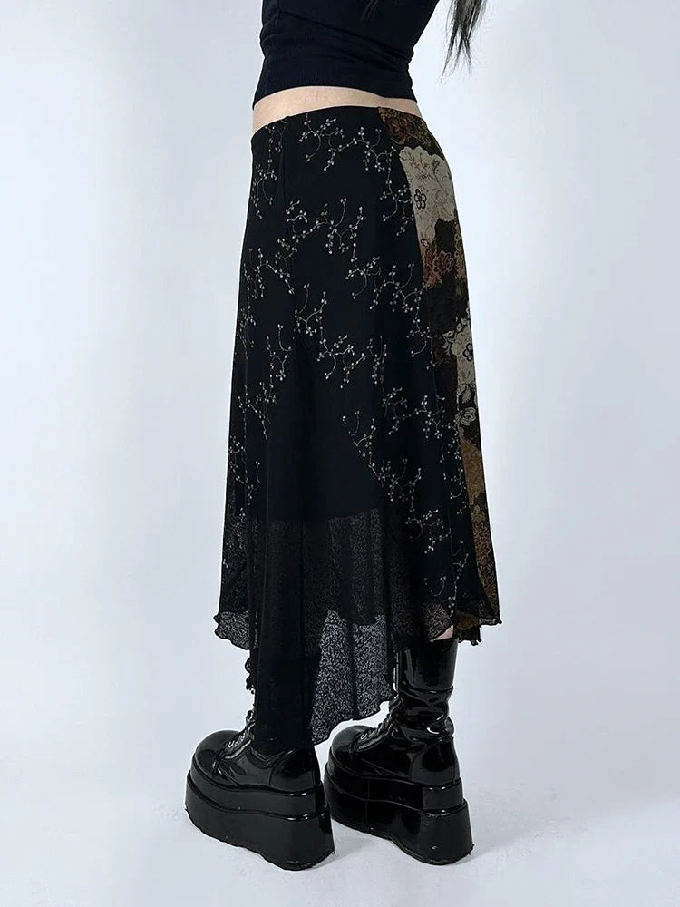 Vintage Patchwork Floral Mesh Skirt Holiday Casual