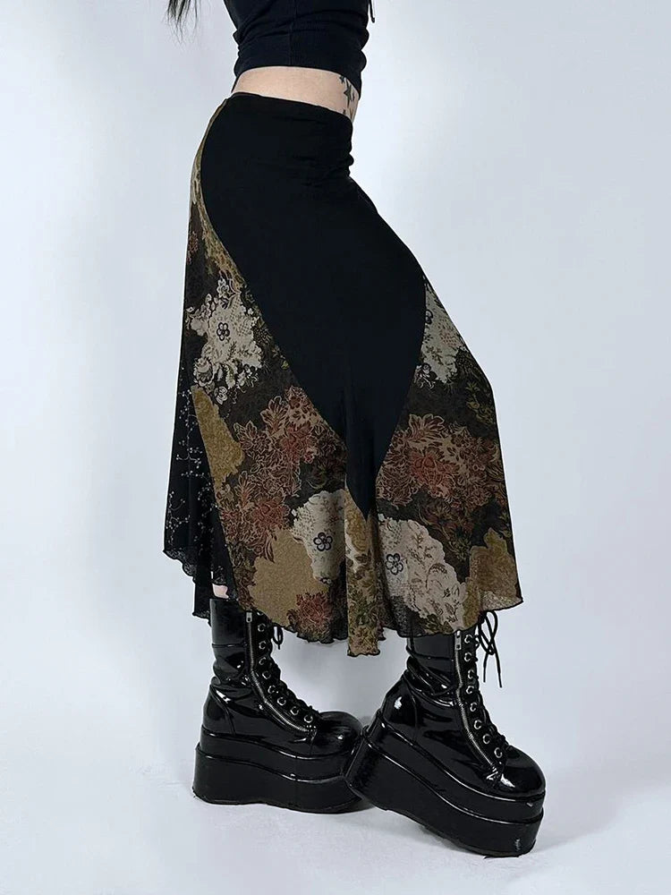 Vintage Patchwork Floral Mesh Skirt Holiday Casual