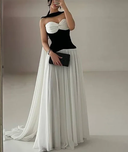 Classy Sweetheart Neck White Chiffon A Line Long Party Dress Birthday Prom Gown With Ribbon D1296