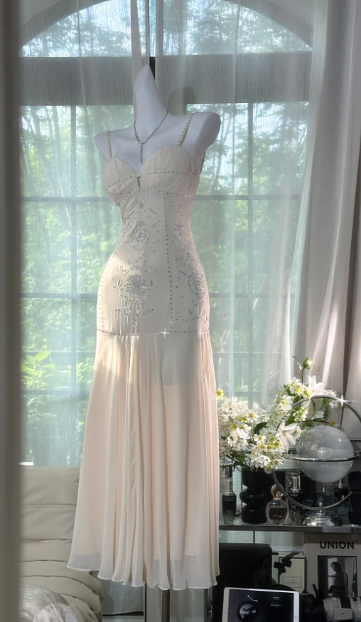 Classy Spaghetti Straps Ivory Chiffon Sequin Beaded Mermaid Party Dress Evening Gown D979