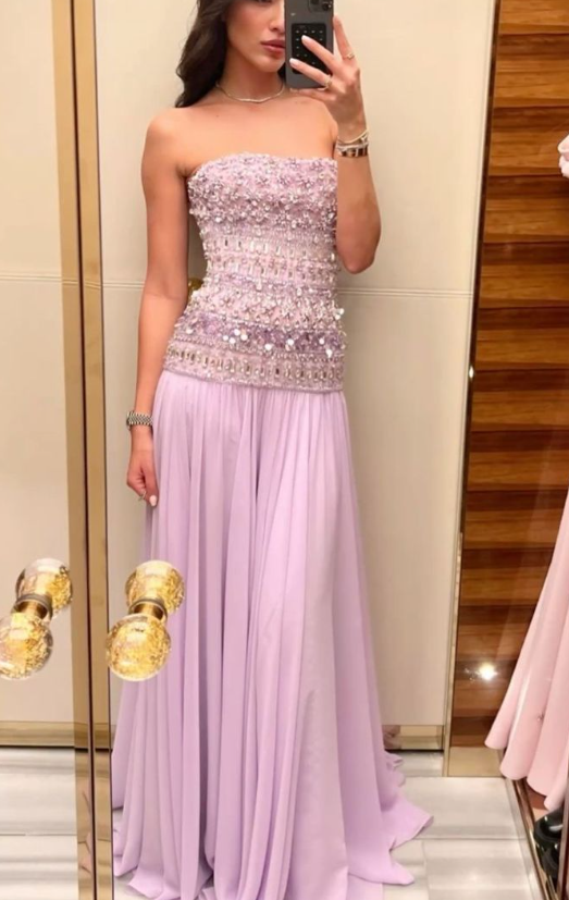 Classy Strapless Lilac Chiffon Beaded Mermaid Long Party Dress Formal Wedding Guest Dress D1744