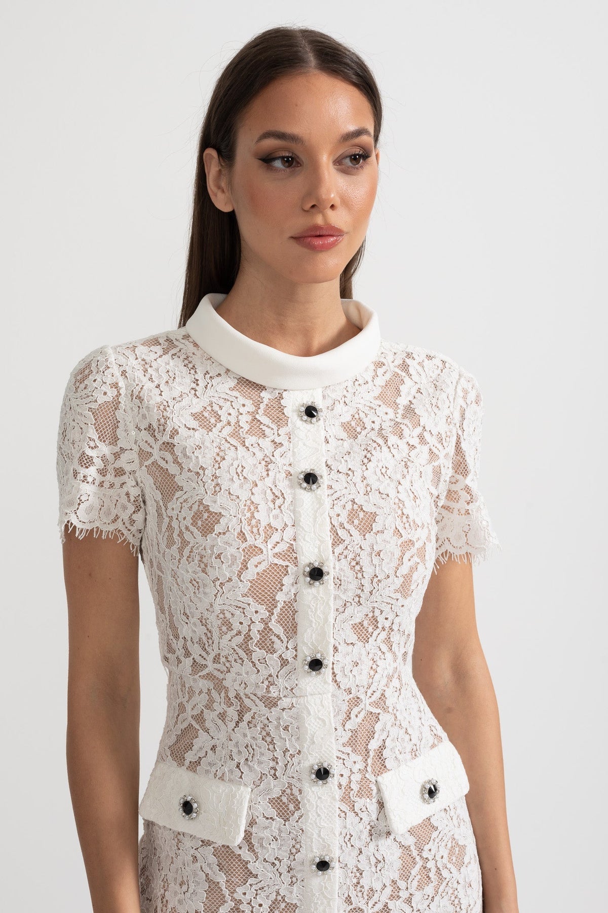 Lace High Neck Button Front Pocket Slit Midi Dress - View 6