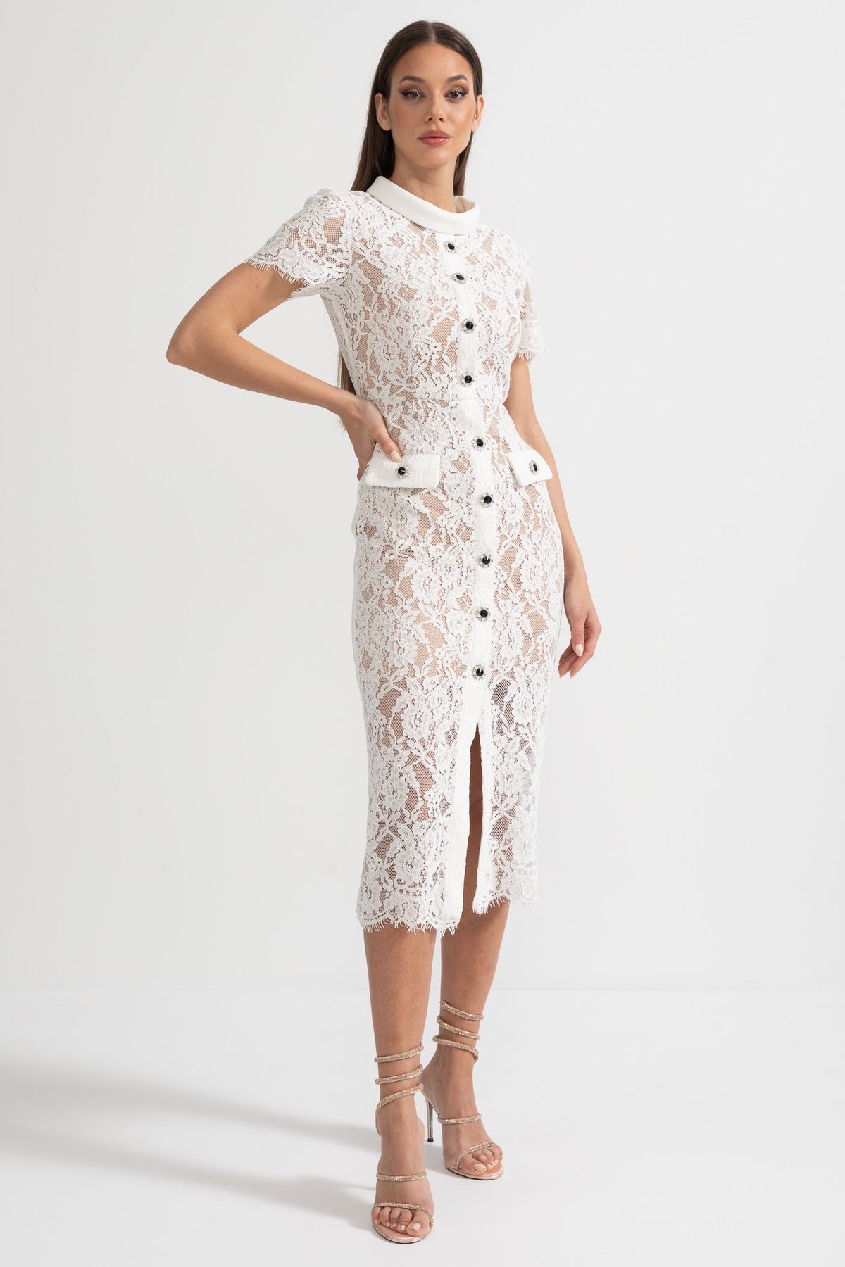 Lace High Neck Button Front Pocket Slit Midi Dress - View 4