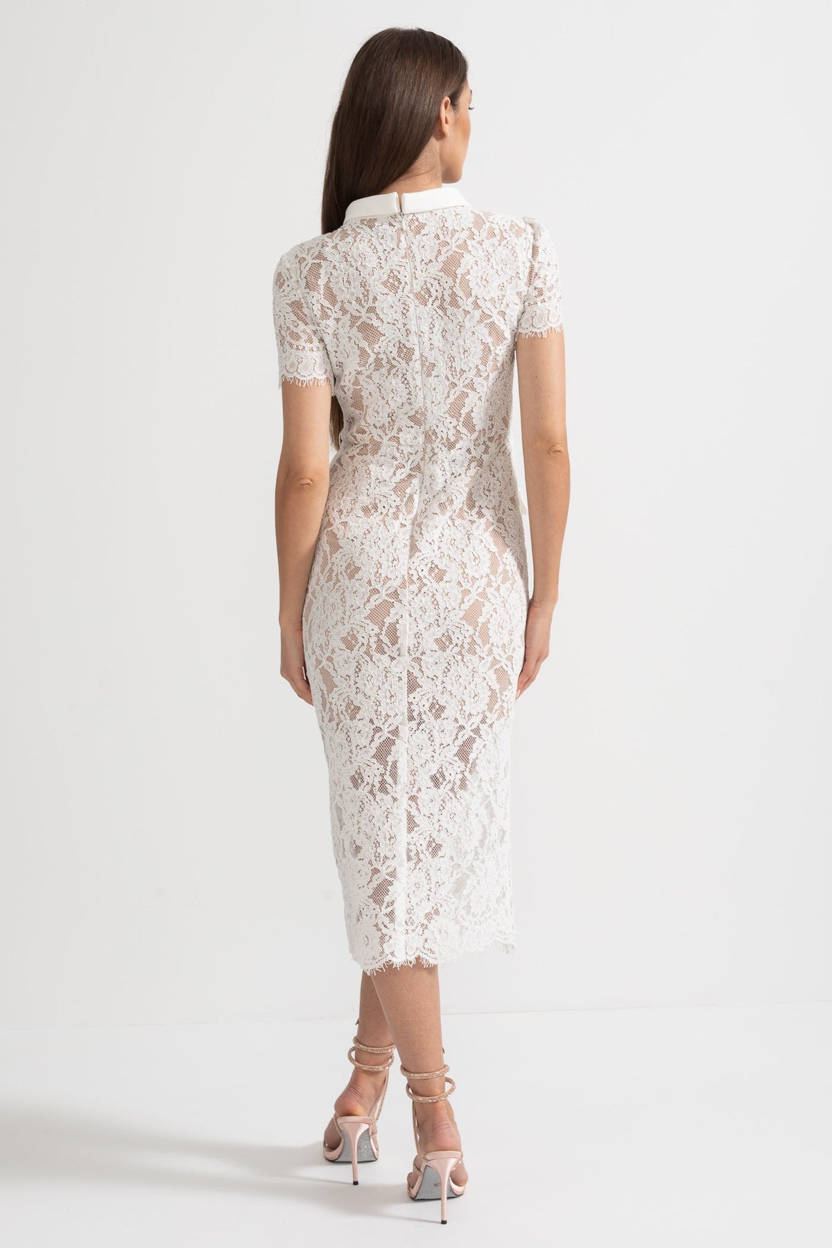 Lace High Neck Button Front Pocket Slit Midi Dress - View 9