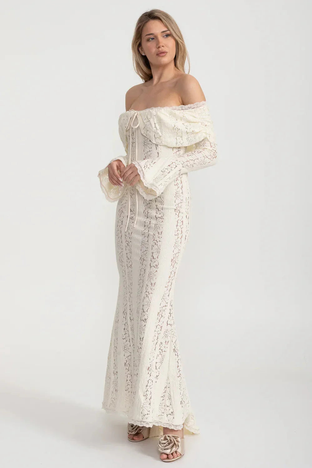 Lace Off Shoulder Lace Up Bodice Bell Sleeve Mermaid Maxi Gown - View 7