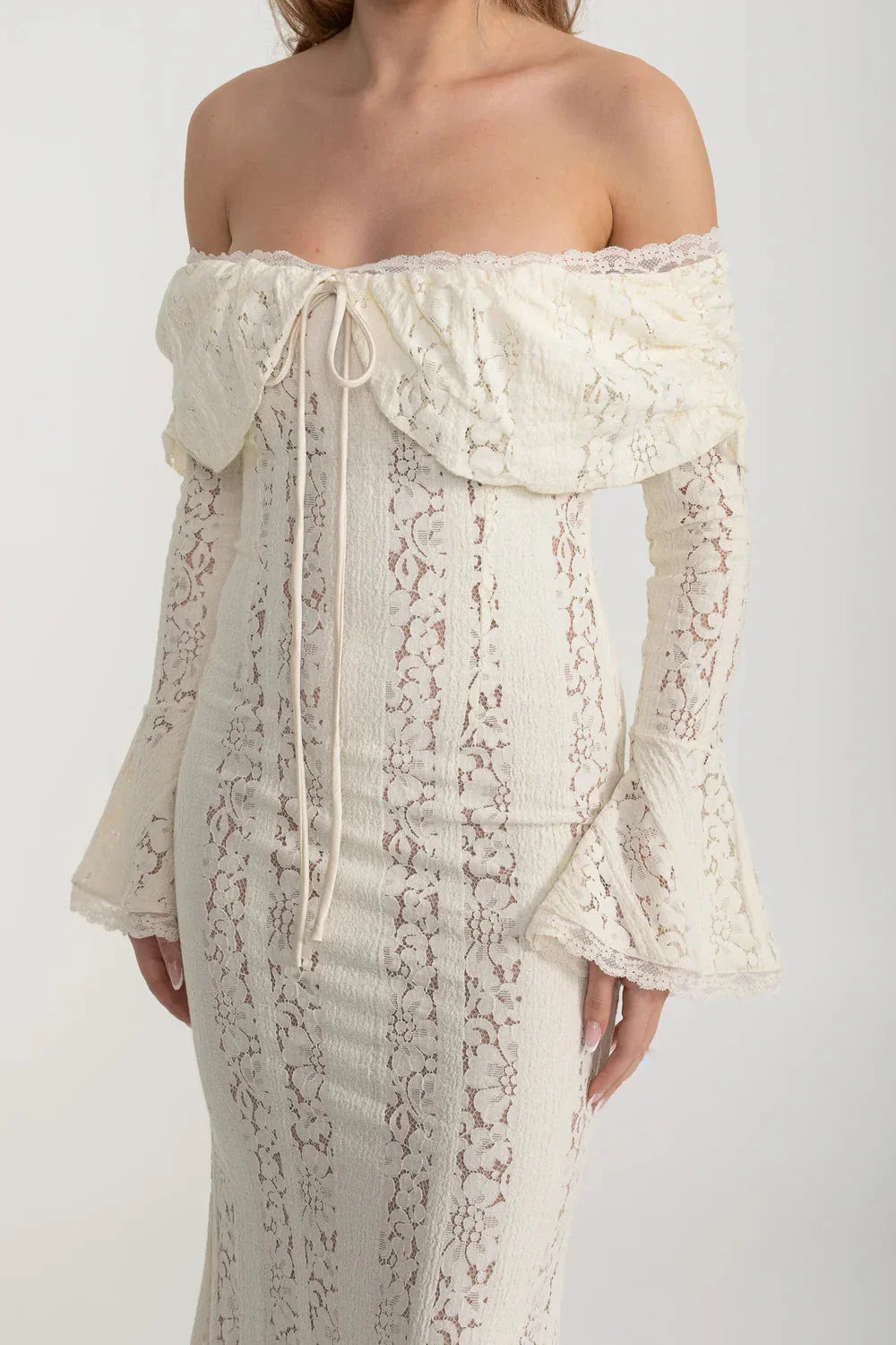 Lace Off Shoulder Lace Up Bodice Bell Sleeve Mermaid Maxi Gown - View 9