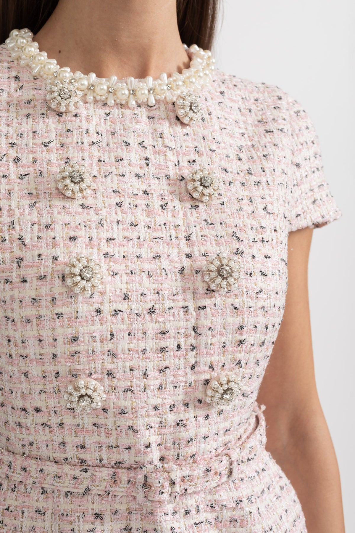 Tweed Pearl Collar Crystal Button Belted Mini Dress - View 9