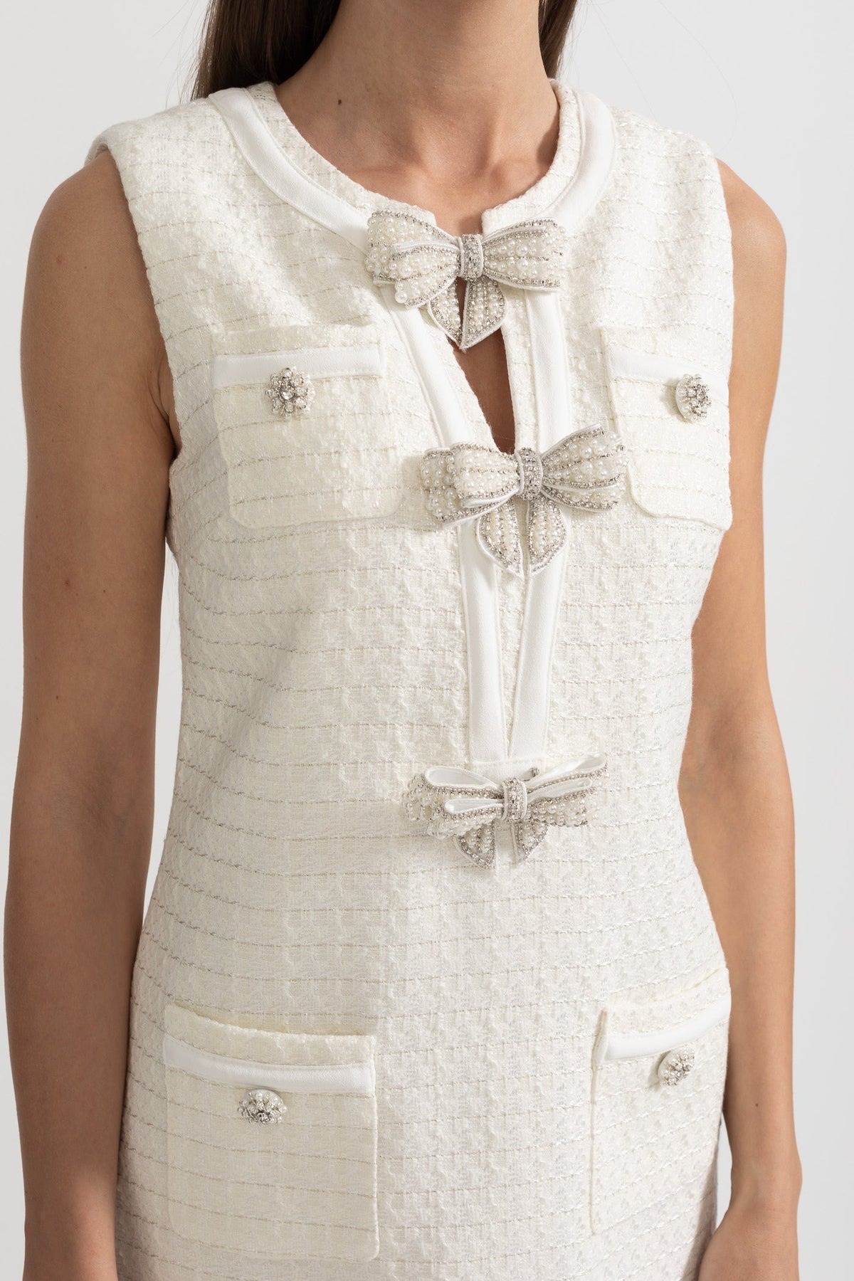 Tweed Sleeveless Rhinestone Bow Shift Mini Dress - View 6