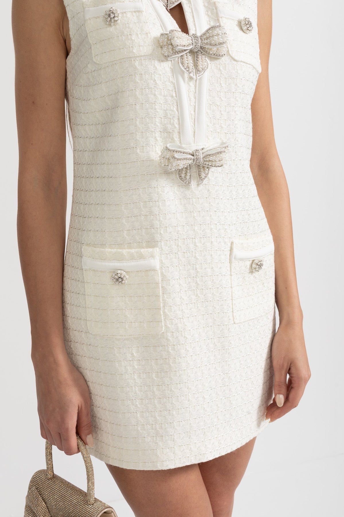 Tweed Sleeveless Rhinestone Bow Shift Mini Dress - View 9