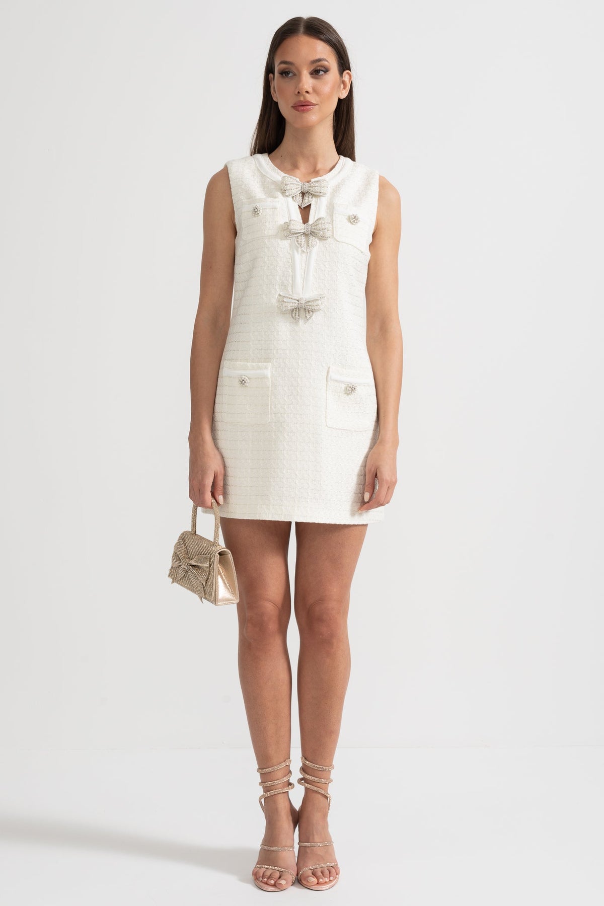 Tweed Sleeveless Rhinestone Bow Shift Mini Dress - View 10