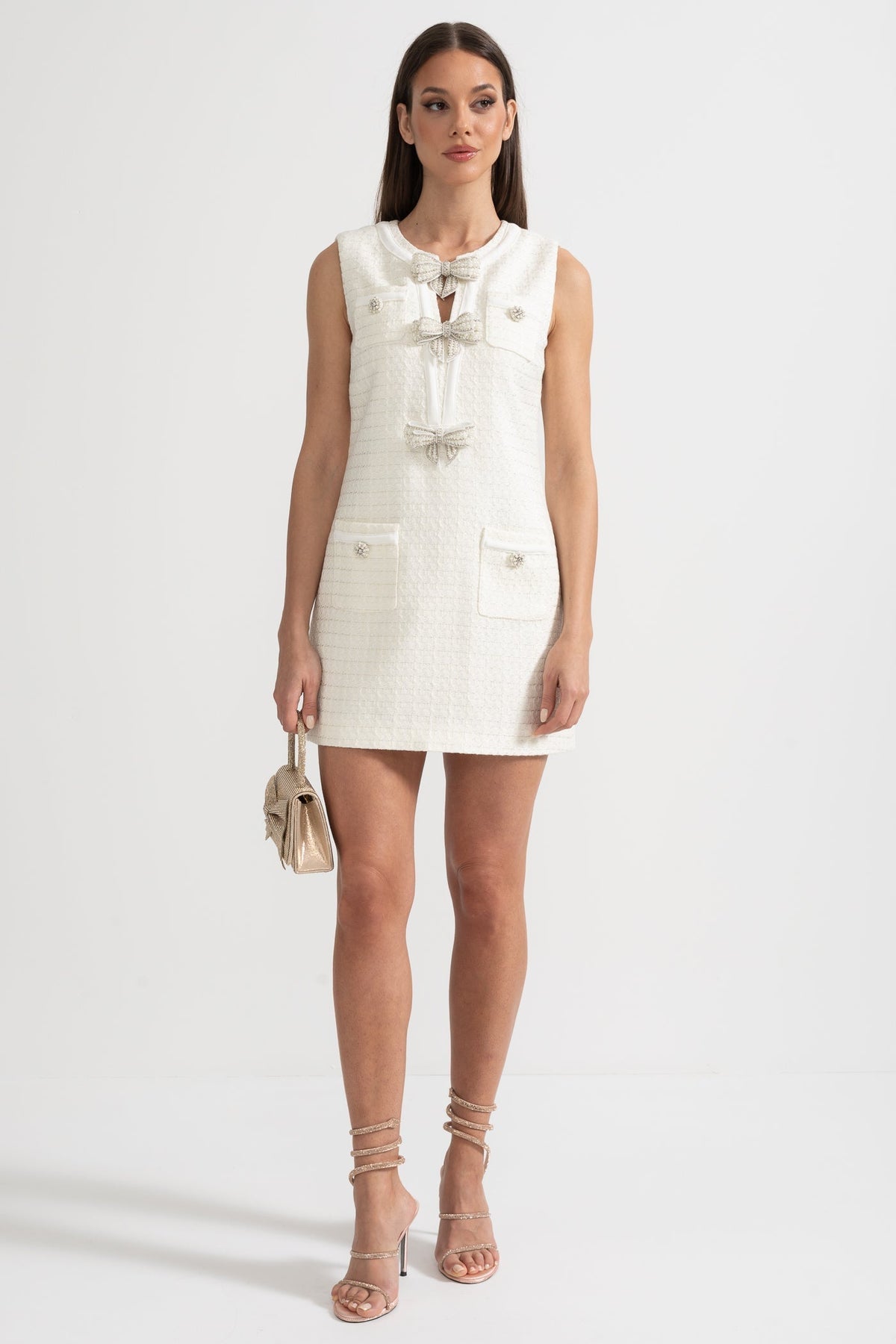 Tweed Sleeveless Rhinestone Bow Shift Mini Dress - View 11