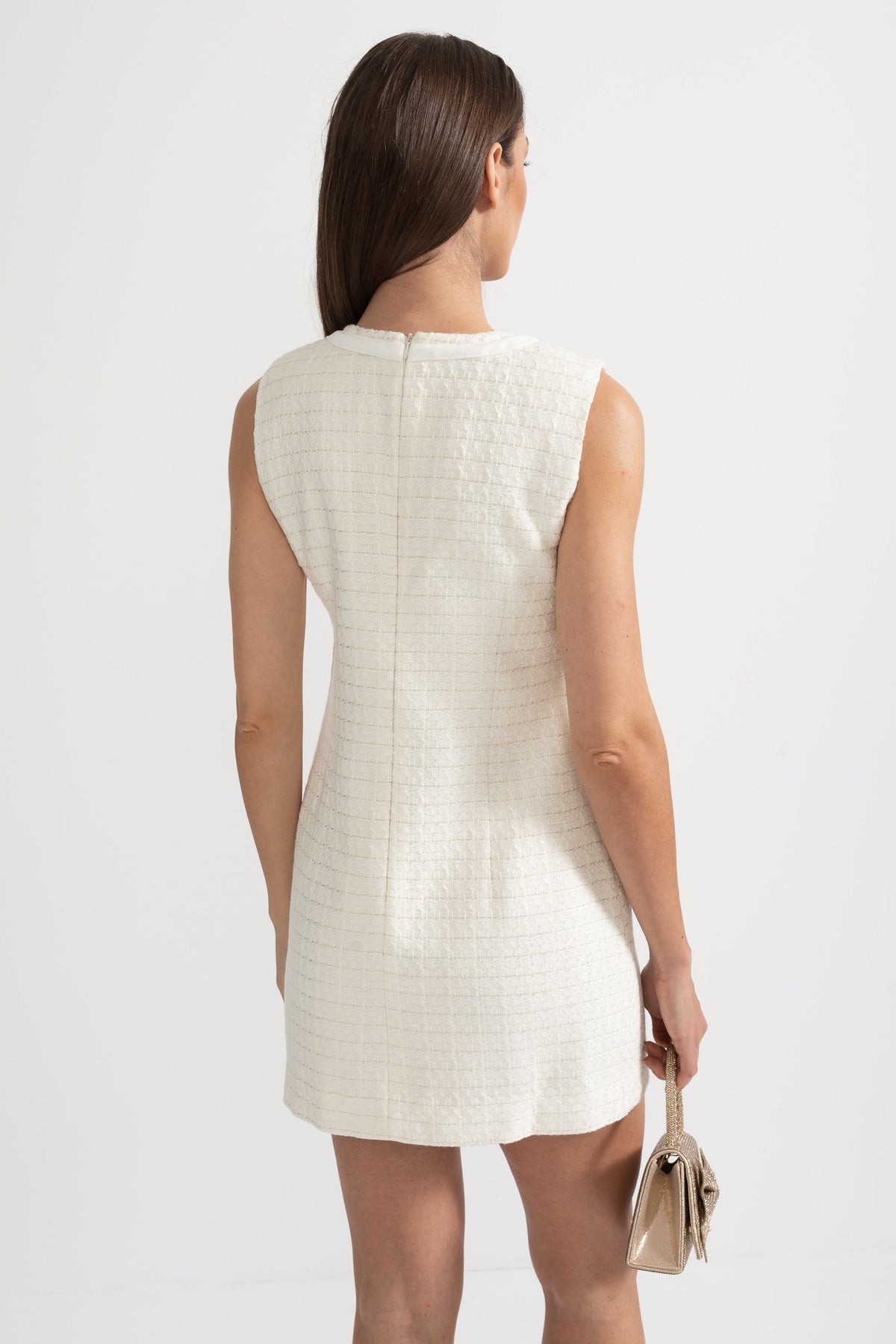Tweed Sleeveless Rhinestone Bow Shift Mini Dress - View 16