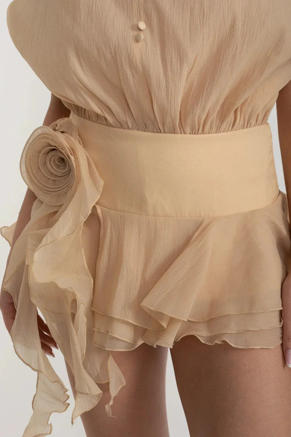 Off Shoulder Batwing Sleeve Button Front Rosette Waist Mini Dress - View 4