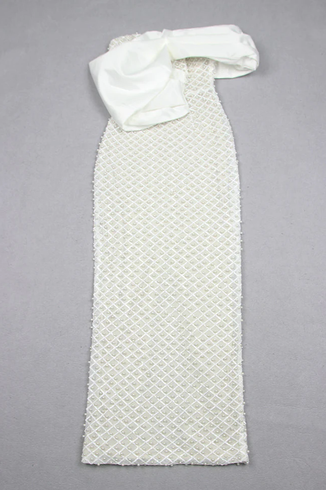 Pearl Embellished Strapless Ruffle Bodice Column Maxi Gown - View 5