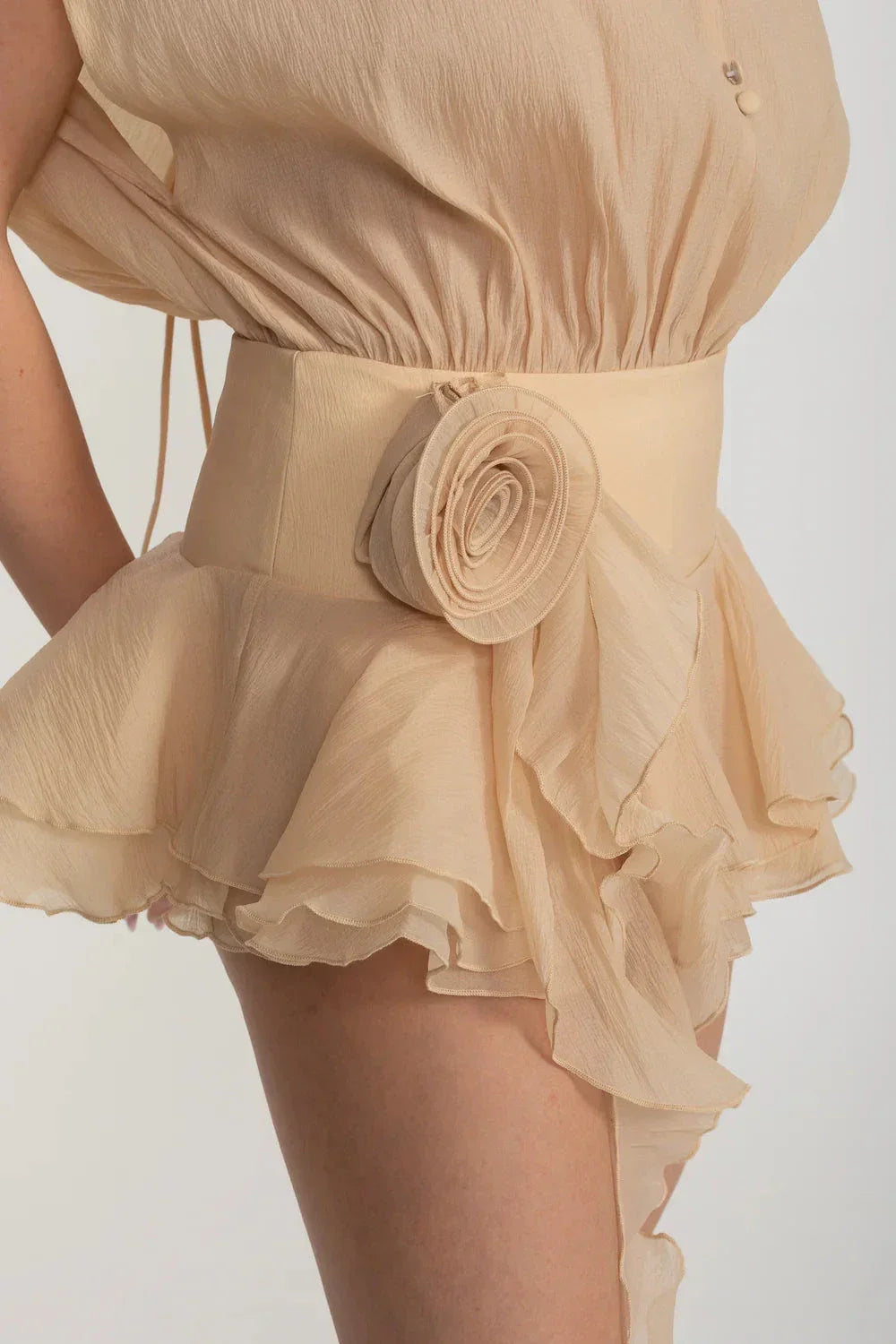 Off Shoulder Batwing Sleeve Button Front Rosette Waist Mini Dress - View 5