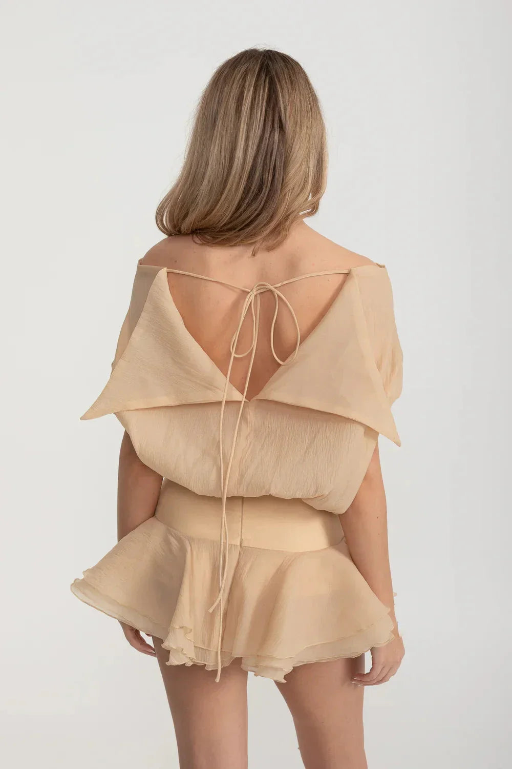 Off Shoulder Batwing Sleeve Button Front Rosette Waist Mini Dress - View 6