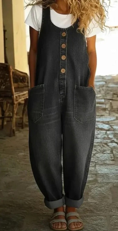 Button Front Pocket Denim Overall Jumpsuit