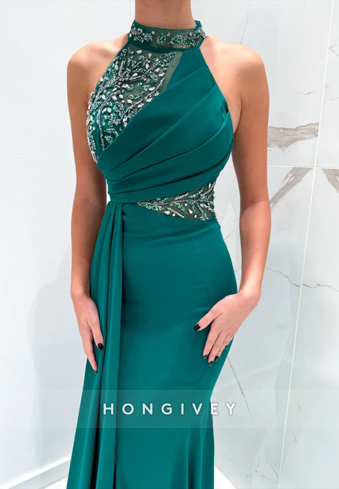 Side Draping Formal Dresses Pleated Beading Halter Trumpet Sleeveless Evening Gown