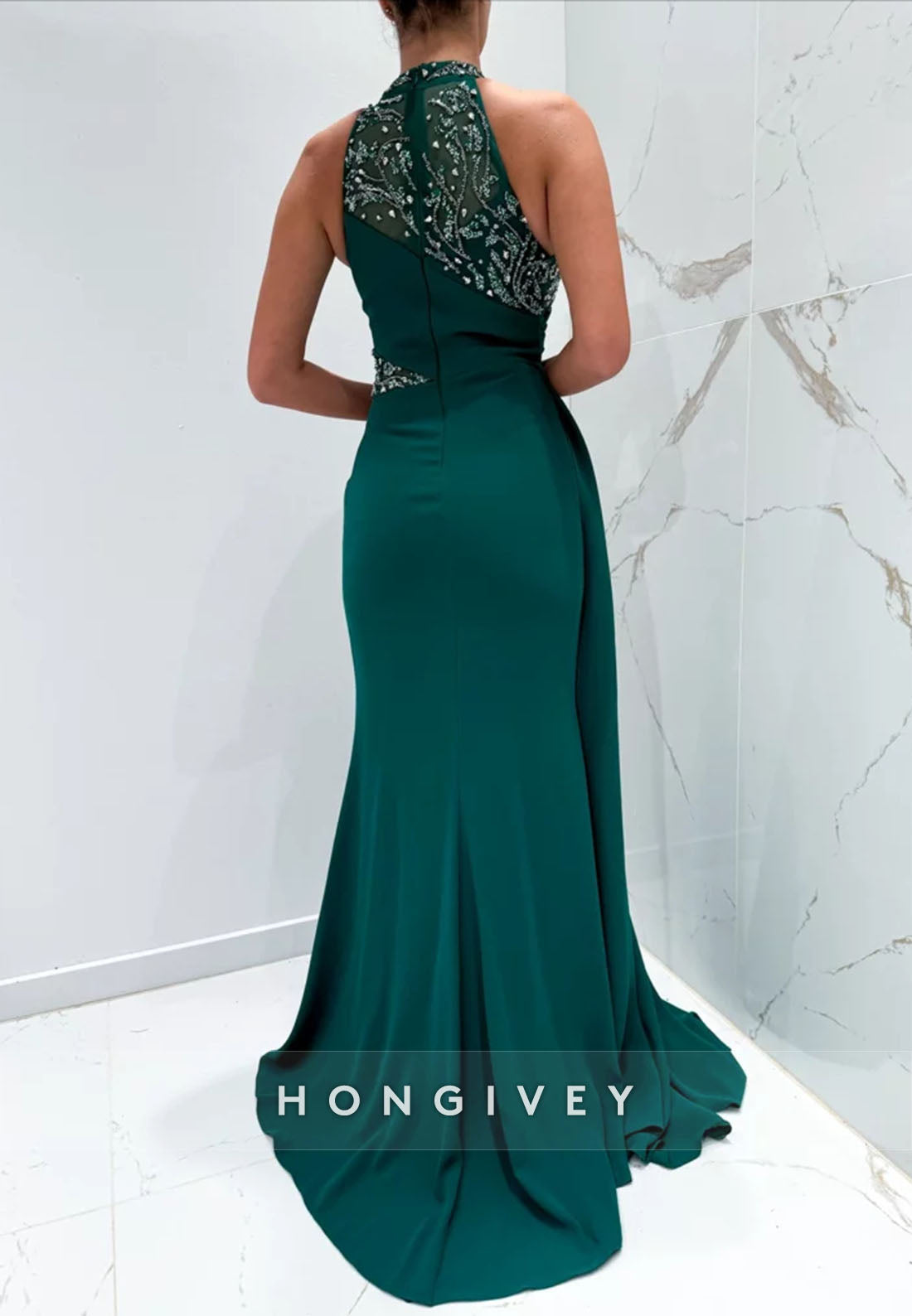 Side Draping Formal Dresses Pleated Beading Halter Trumpet Sleeveless Evening Gown