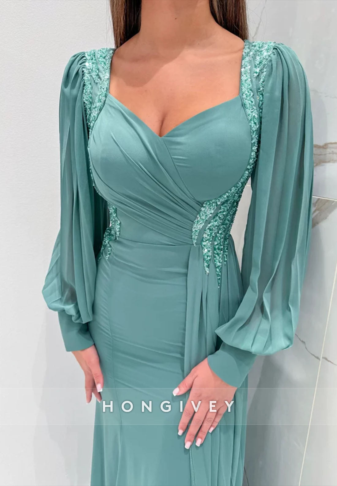Pleated Long Sleeve Side Draping Ruffles Appliqued Floor-Length Evening Gown