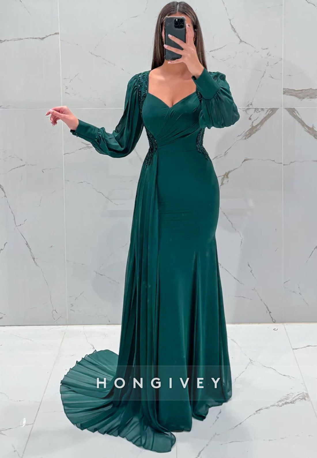 Pleated Long Sleeve Side Draping Ruffles Appliqued Floor-Length Evening Gown