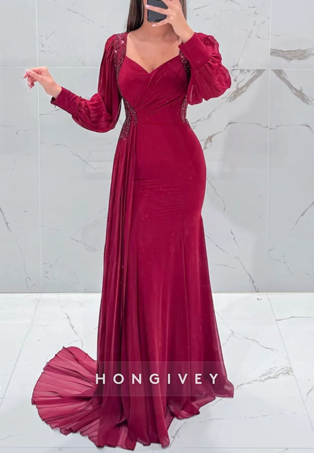 Pleated Long Sleeve Side Draping Ruffles Appliqued Floor-Length Evening Gown