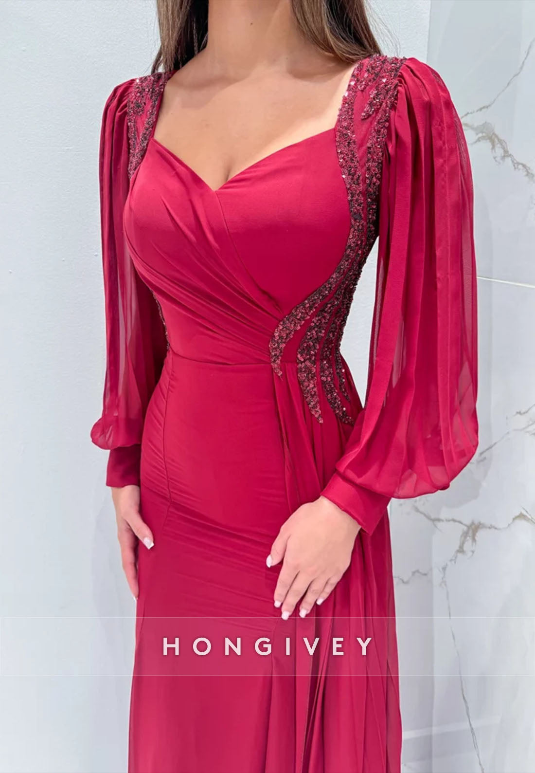 Pleated Long Sleeve Side Draping Ruffles Appliqued Floor-Length Evening Gown