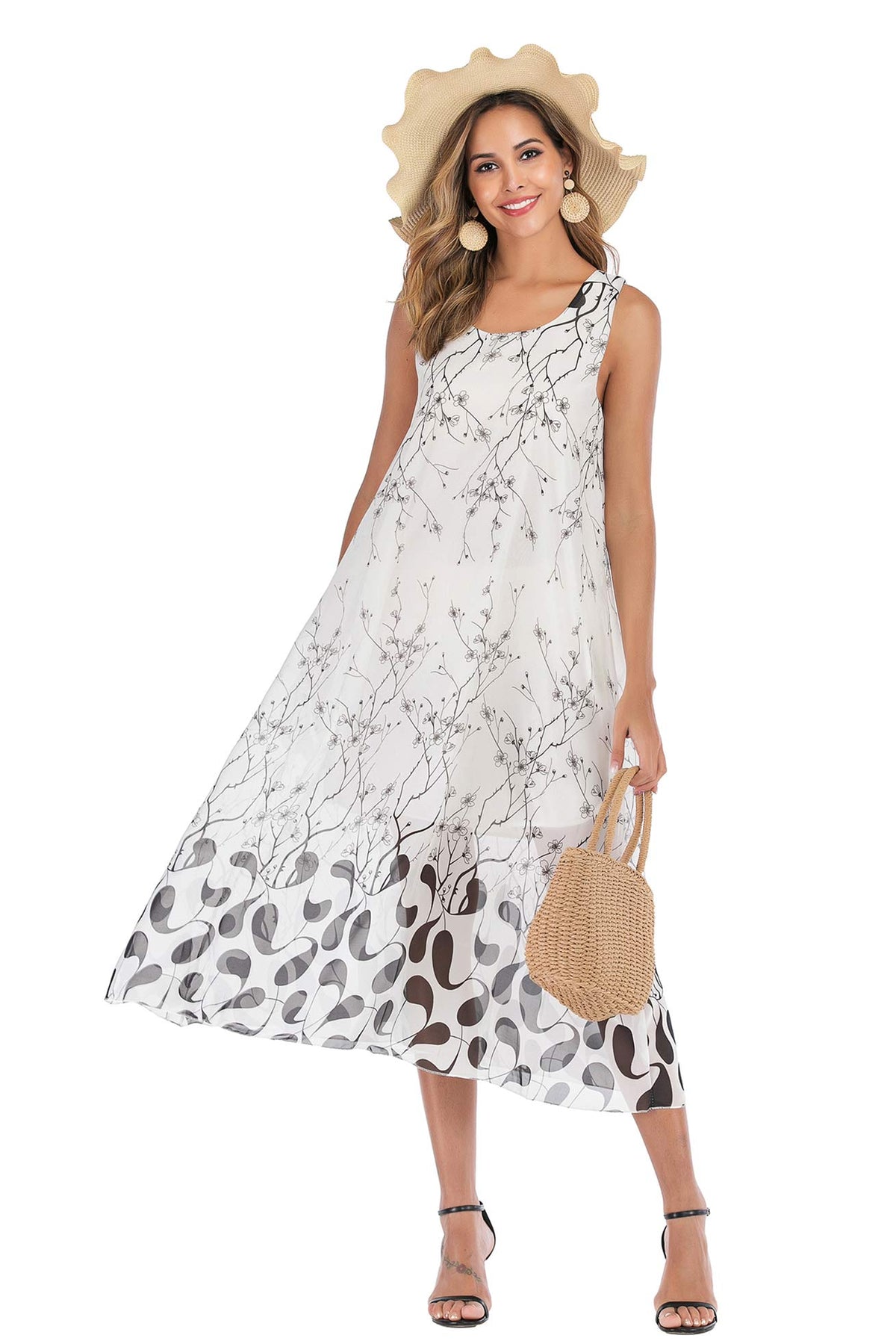 Floral Print Loose Scoop Chiffon Casual Maxi Dress - Mislish