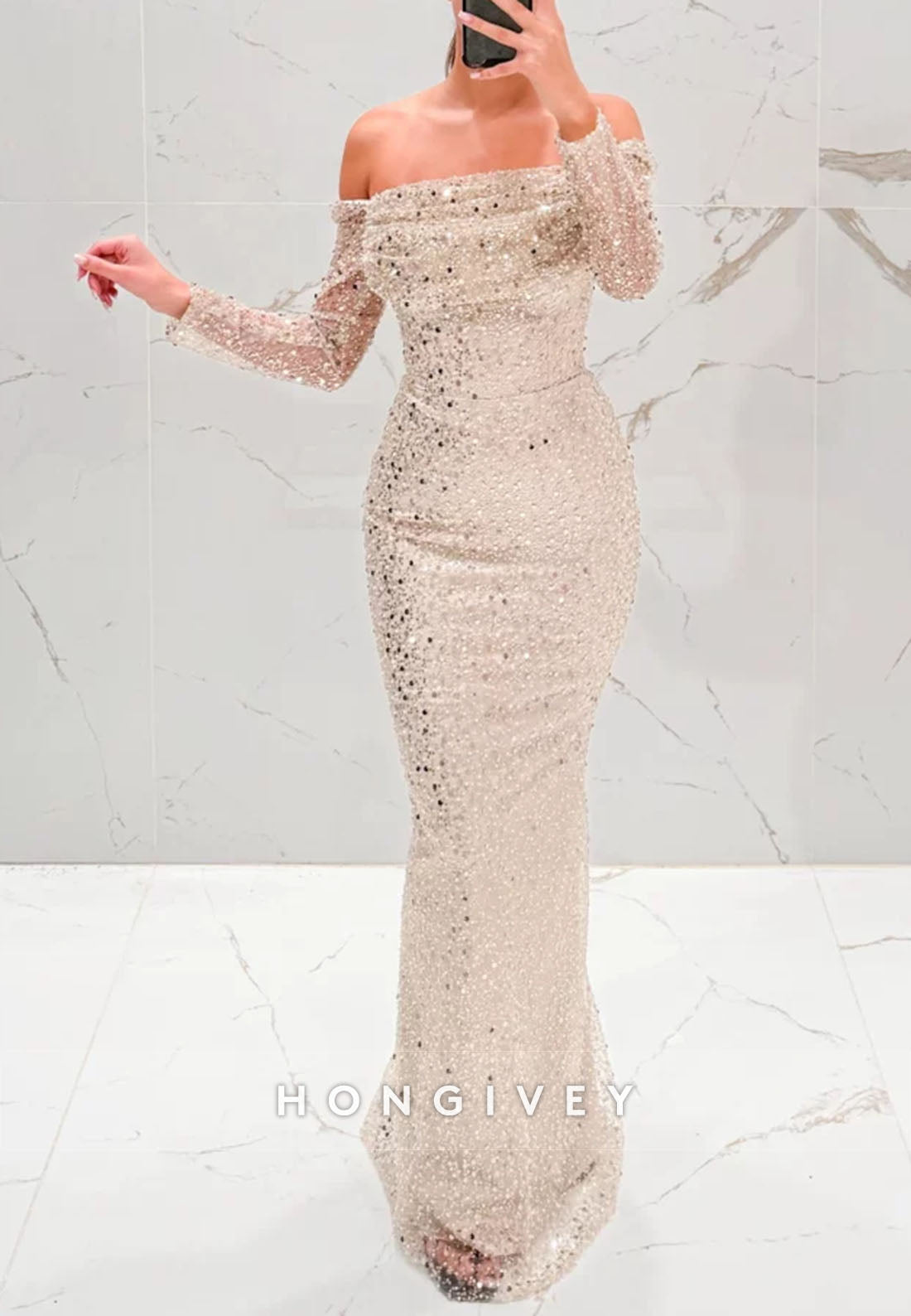 Sequined Detachable Off the Shoulder Pleated Floor-Length Sheath Evening Gown