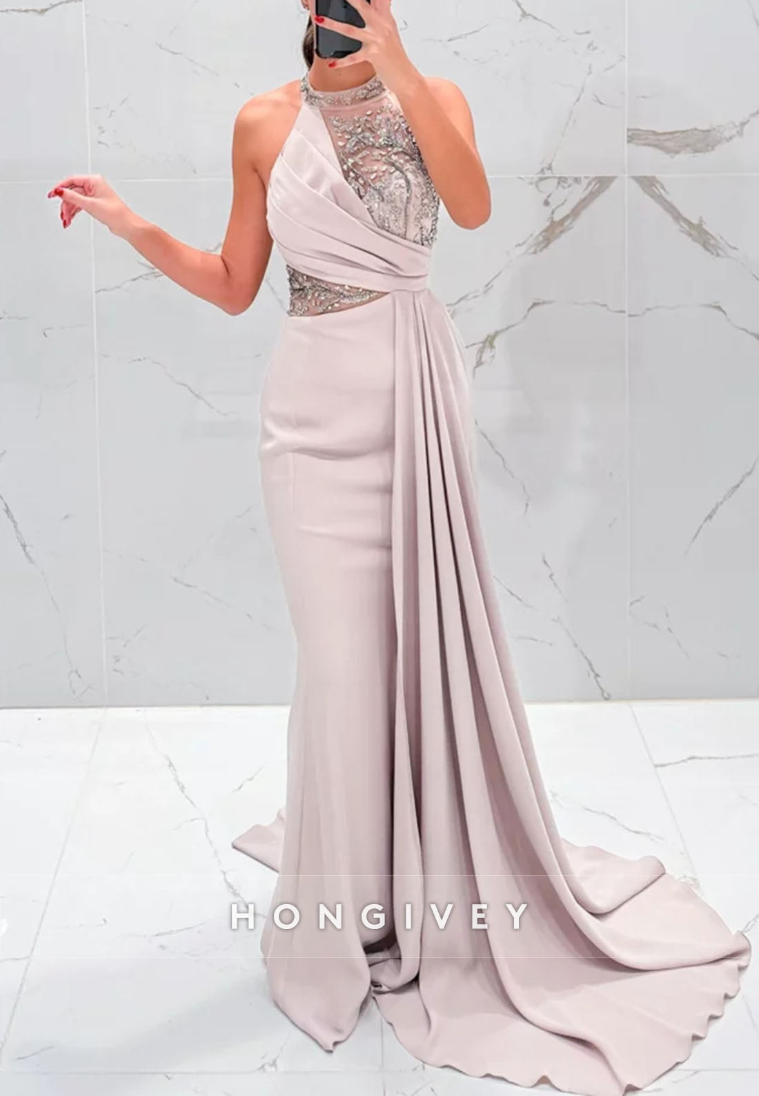 Side Draping Formal Dresses Pleated Beading Halter Trumpet Sleeveless Evening Gown