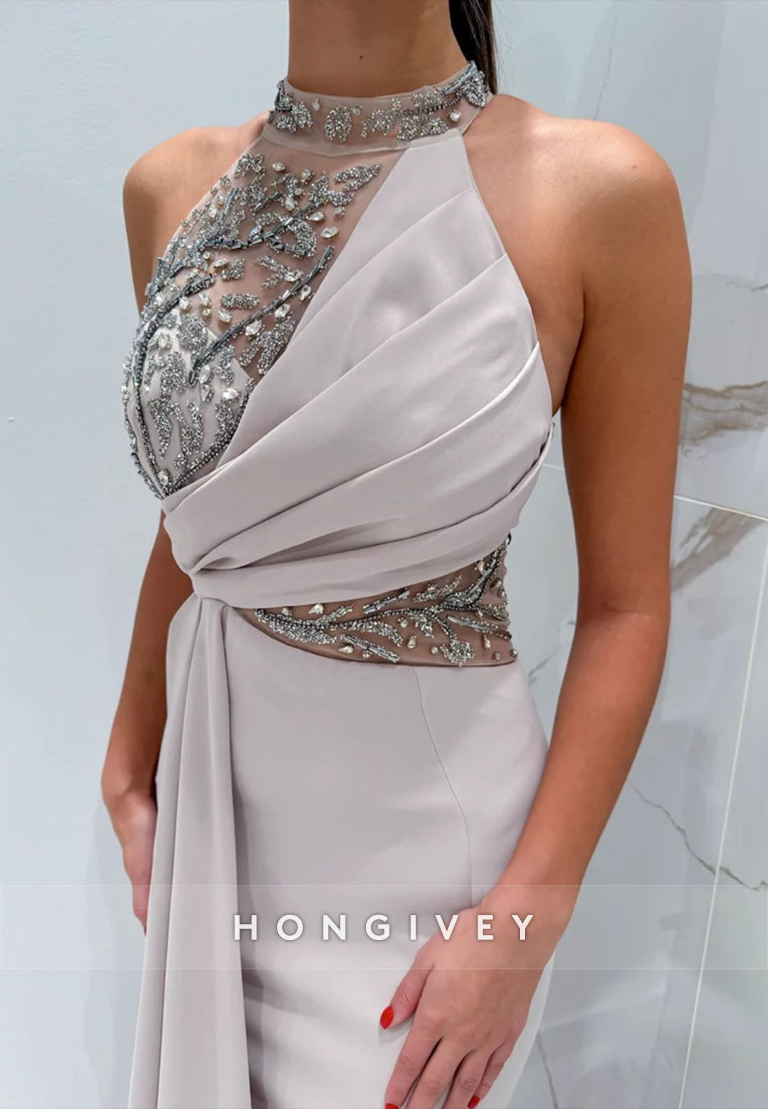 Side Draping Formal Dresses Pleated Beading Halter Trumpet Sleeveless Evening Gown