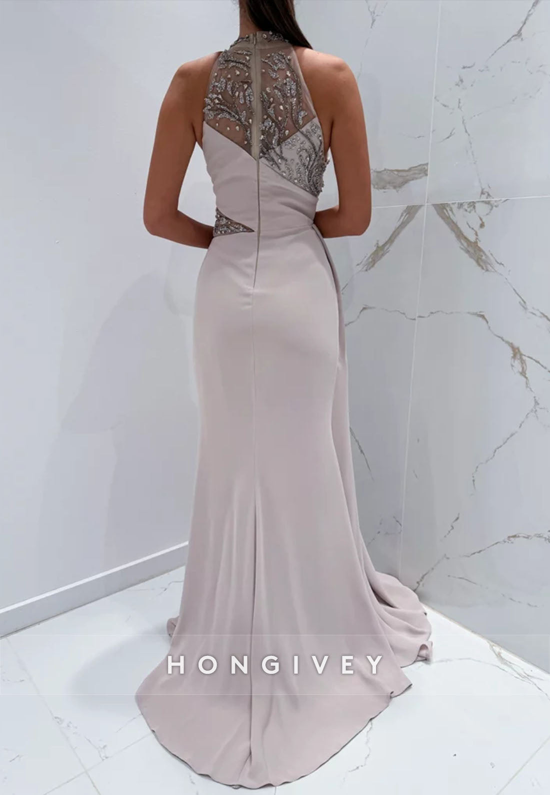 Side Draping Formal Dresses Pleated Beading Halter Trumpet Sleeveless Evening Gown
