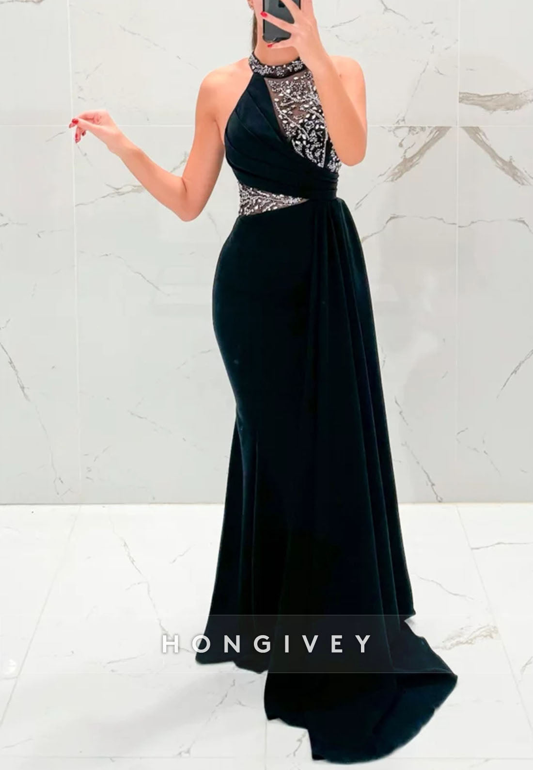 Side Draping Formal Dresses Pleated Beading Halter Trumpet Sleeveless Evening Gown