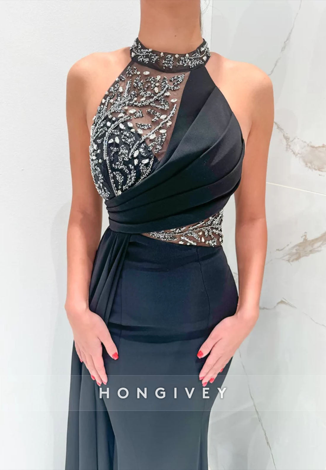 Side Draping Formal Dresses Pleated Beading Halter Trumpet Sleeveless Evening Gown